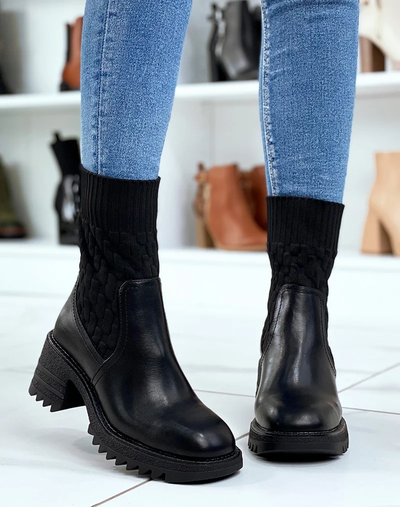 Bottines noires effet chaussette à talon épais à semelle crantée