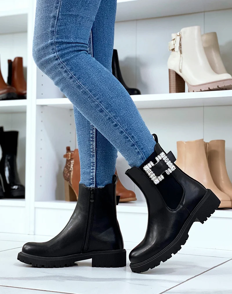 Bottines chelsea noires à détail carré à strass
