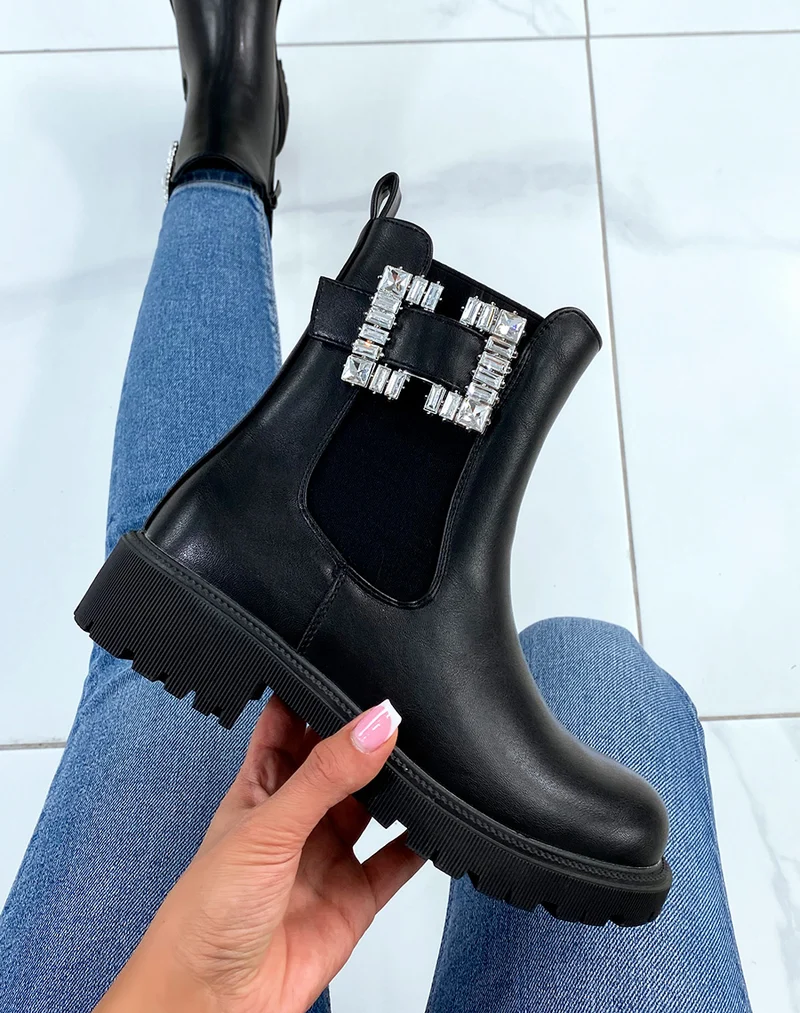 Bottines chelsea noires à détail carré à strass