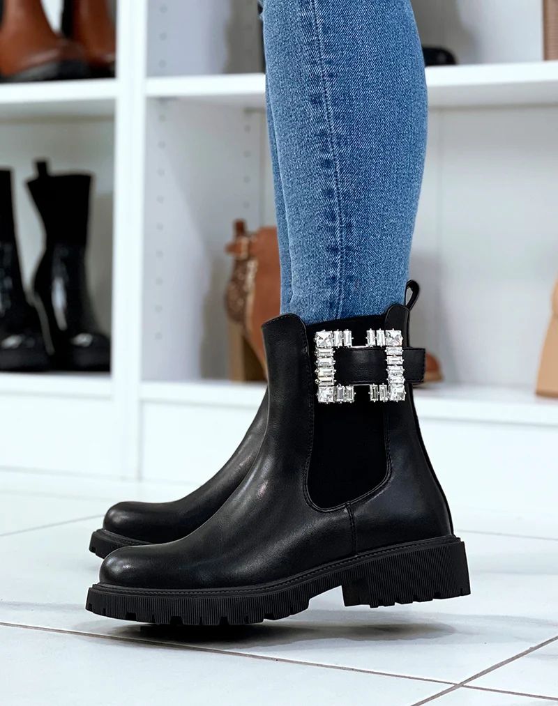 Bottines chelsea noires à détail carré à strass