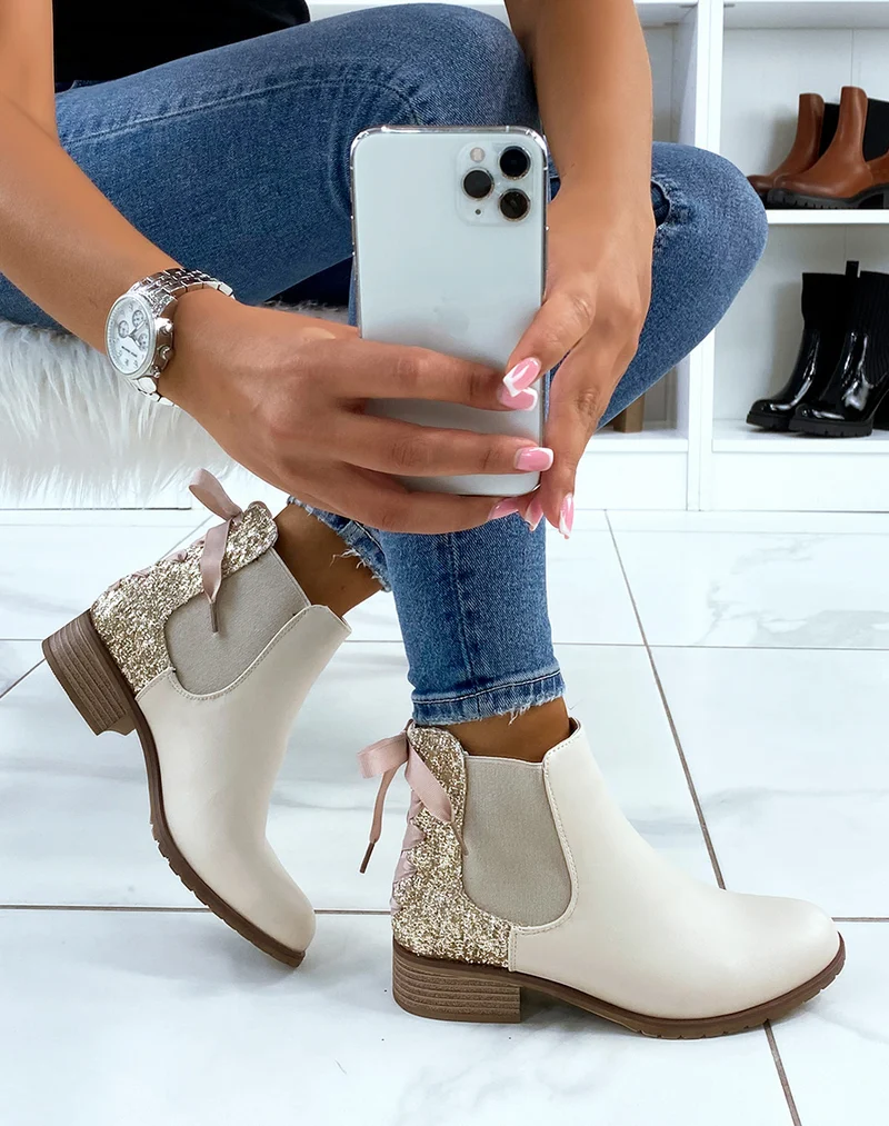 Chelsea boots basses beiges à paillettes et noeud