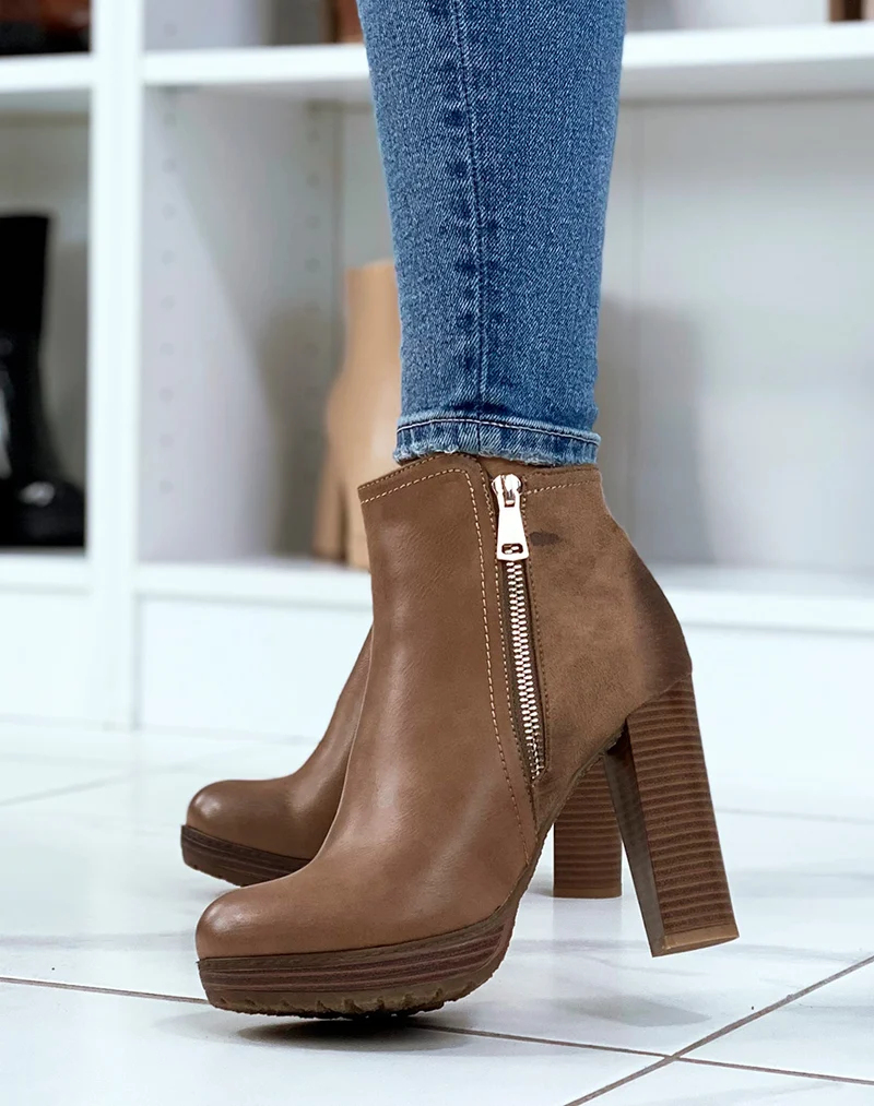 Bottines à talon taupe bi-matière