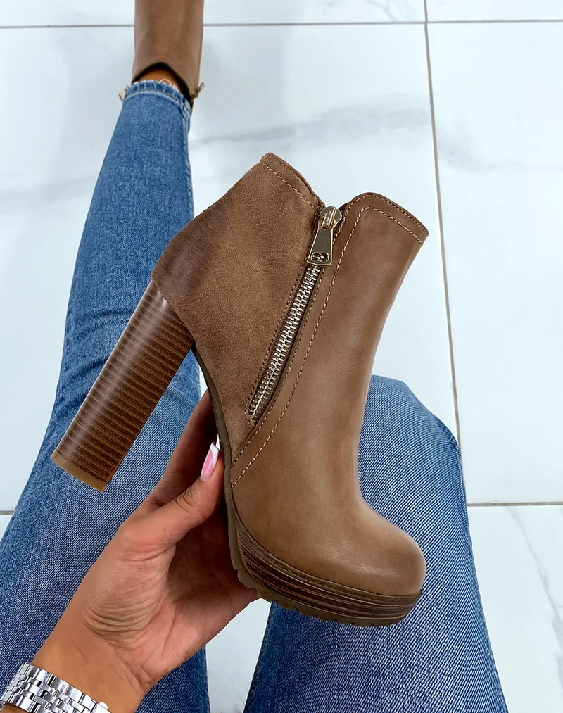 Bottines à talon taupe bi-matière
