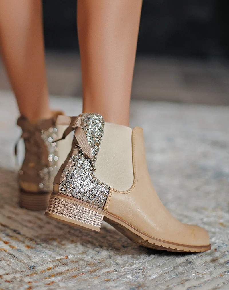 Chelsea boots basses taupe à paillettes et noeud