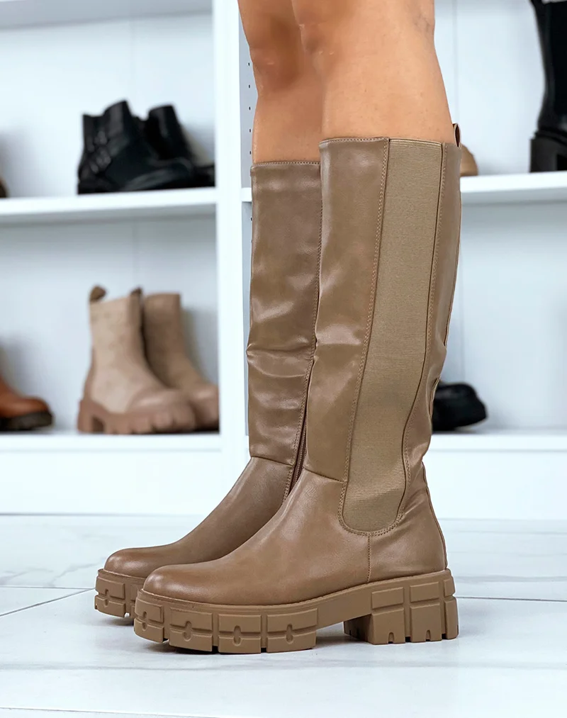 Bottes hautes taupe à plateforme épaisse