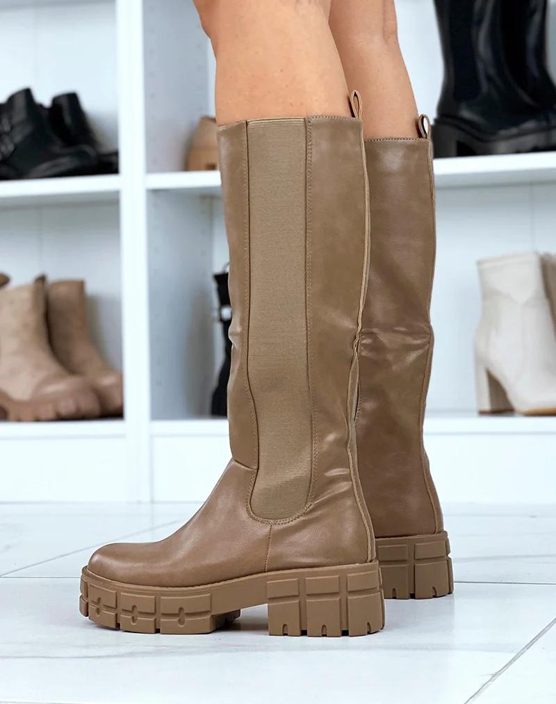 Bottes hautes taupe à plateforme épaisse