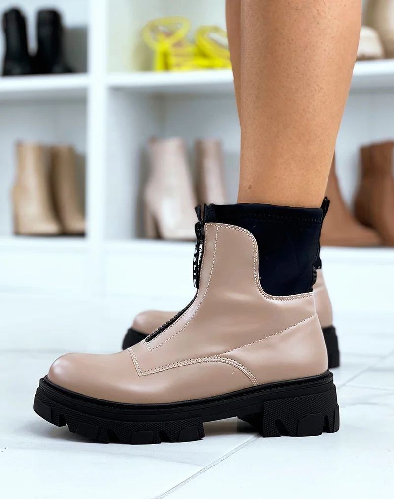 Bottines beiges gommées effet chaussette