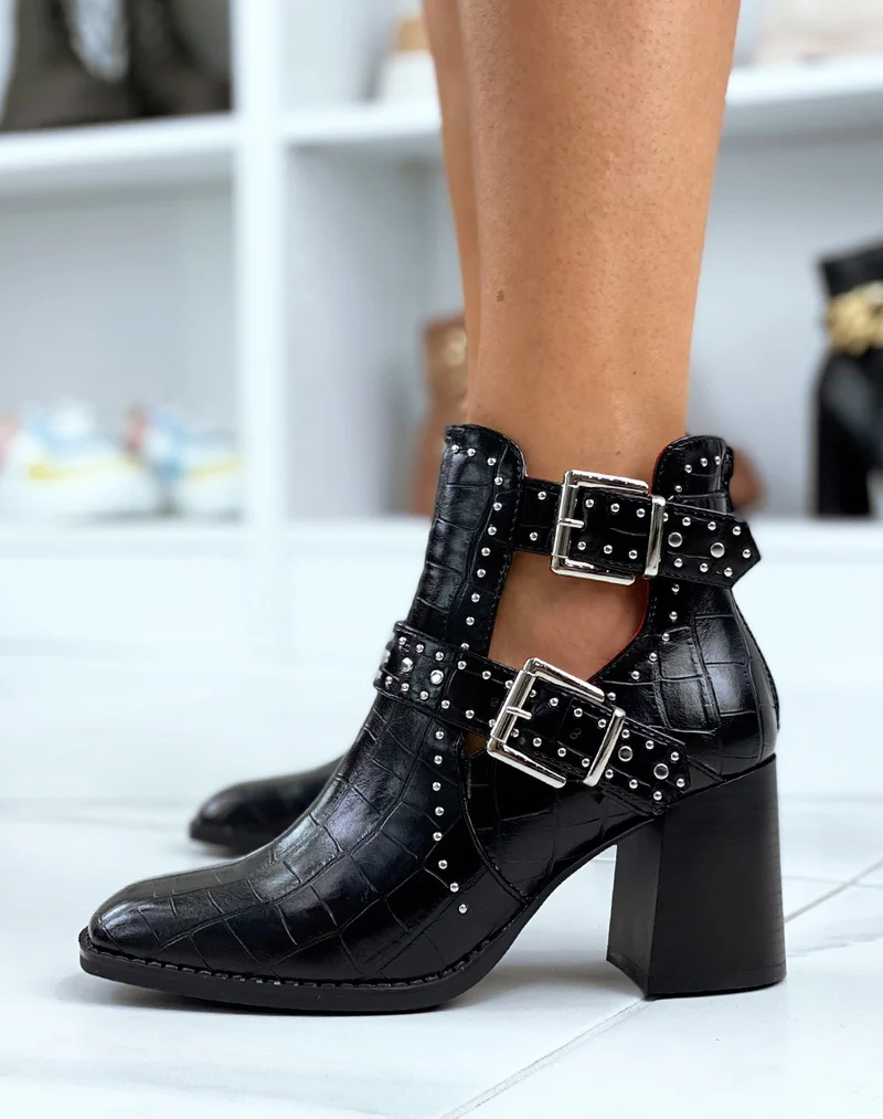 Bottines à talon noires effet croco à bout carré