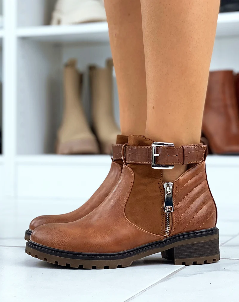 Bottines basses camel zipées à lanières