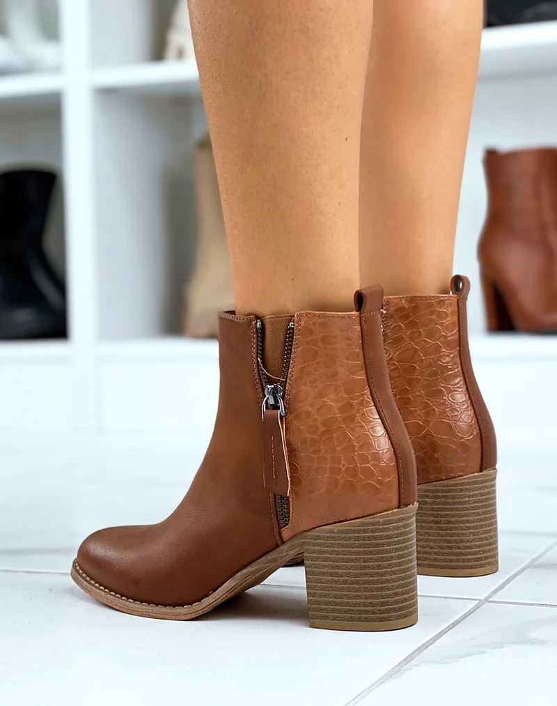 Bottines camel à talons carrés bi-matières effet croco