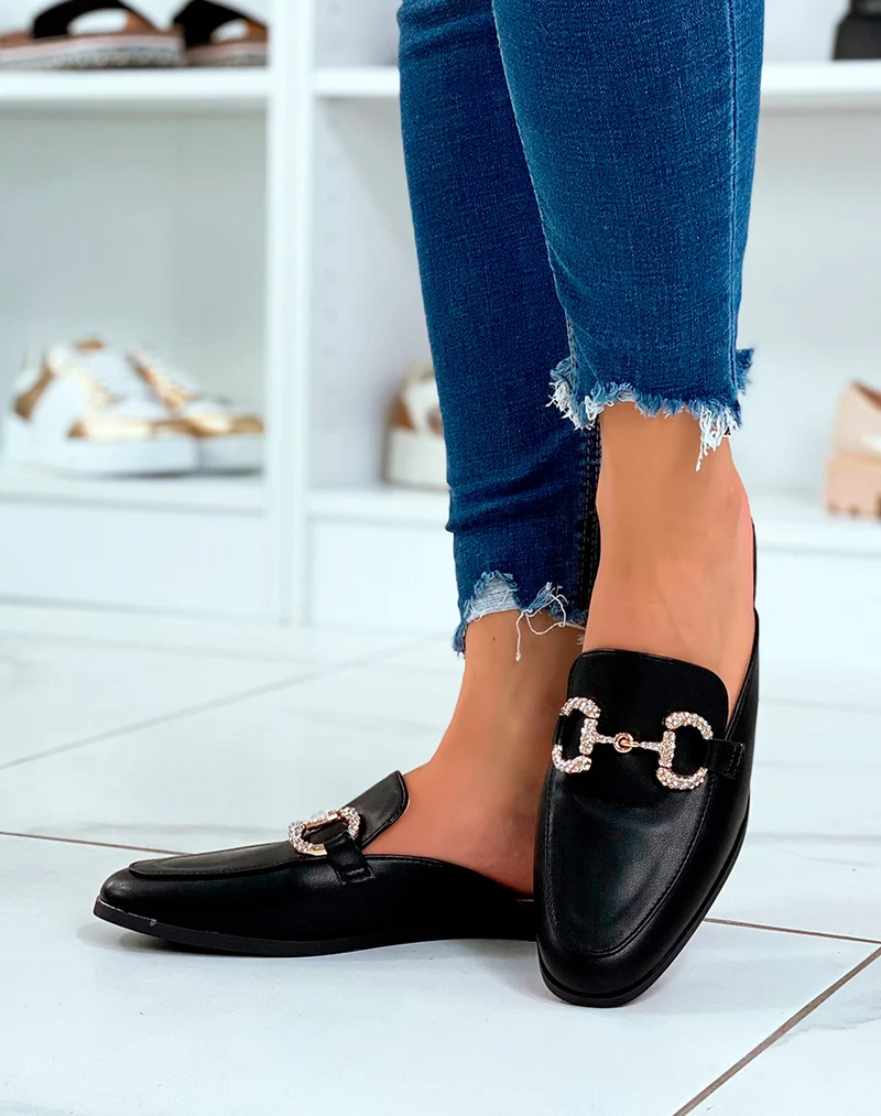 Mules mocassins noires à détails strass
