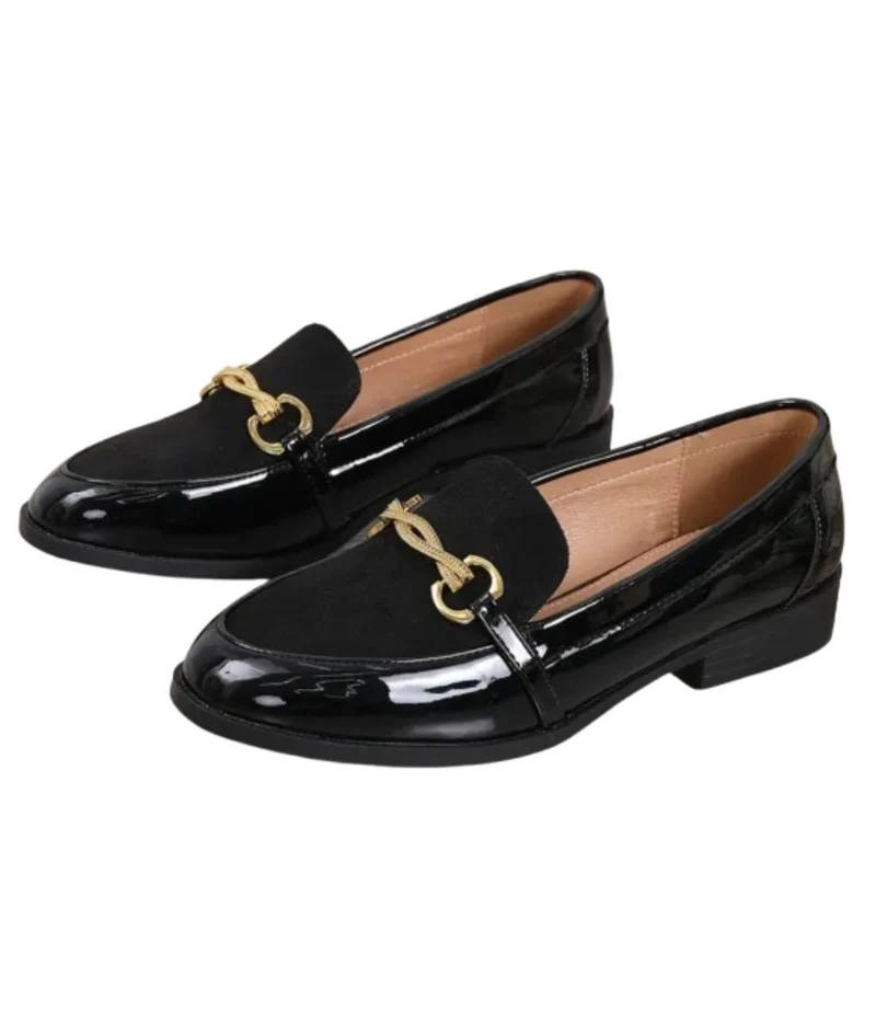 Mocassins Habillés Vernis Noir Et Velours À Mors Dorés