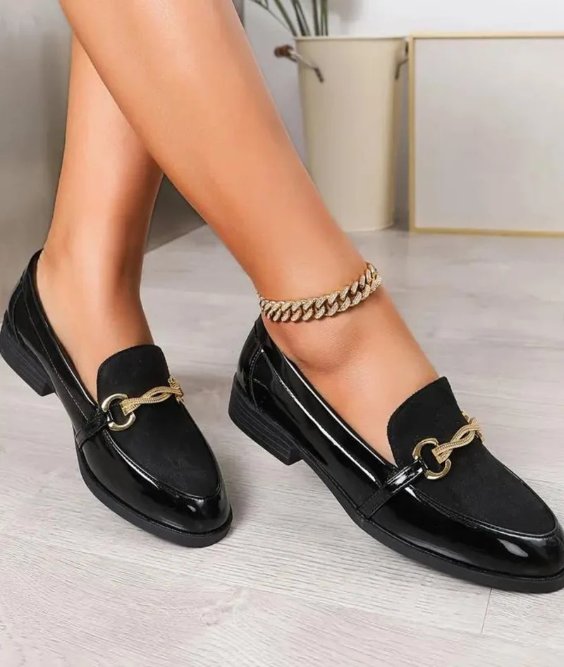 Mocassins Habillés Vernis Noir Et Velours À Mors Dorés