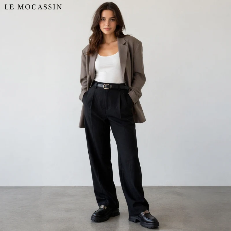 Mocassins Noirs En Cuir À Plateforme Pour Femmes