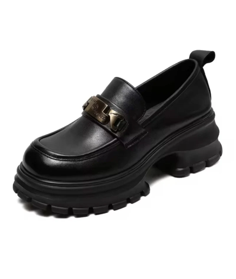 Mocassins Noirs En Cuir À Plateforme Pour Femmes