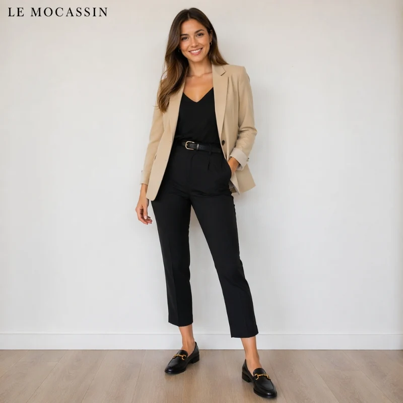 Mocassins Noirs En Cuir Verni À Talons Pour Femmes