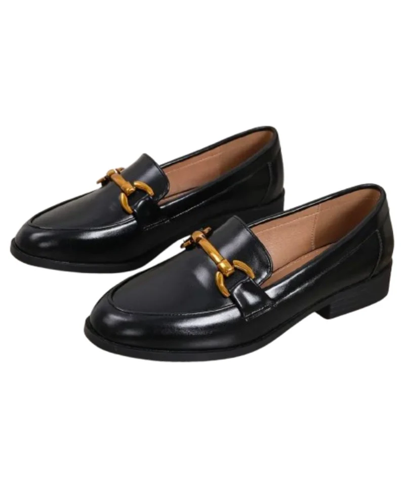 Mocassins Noirs En Cuir Verni À Talons Pour Femmes