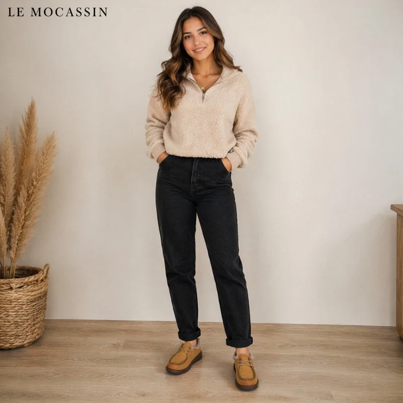 Mocassins Fourrés À Semelles Compensées Faciles À Enfiler Pour Femme