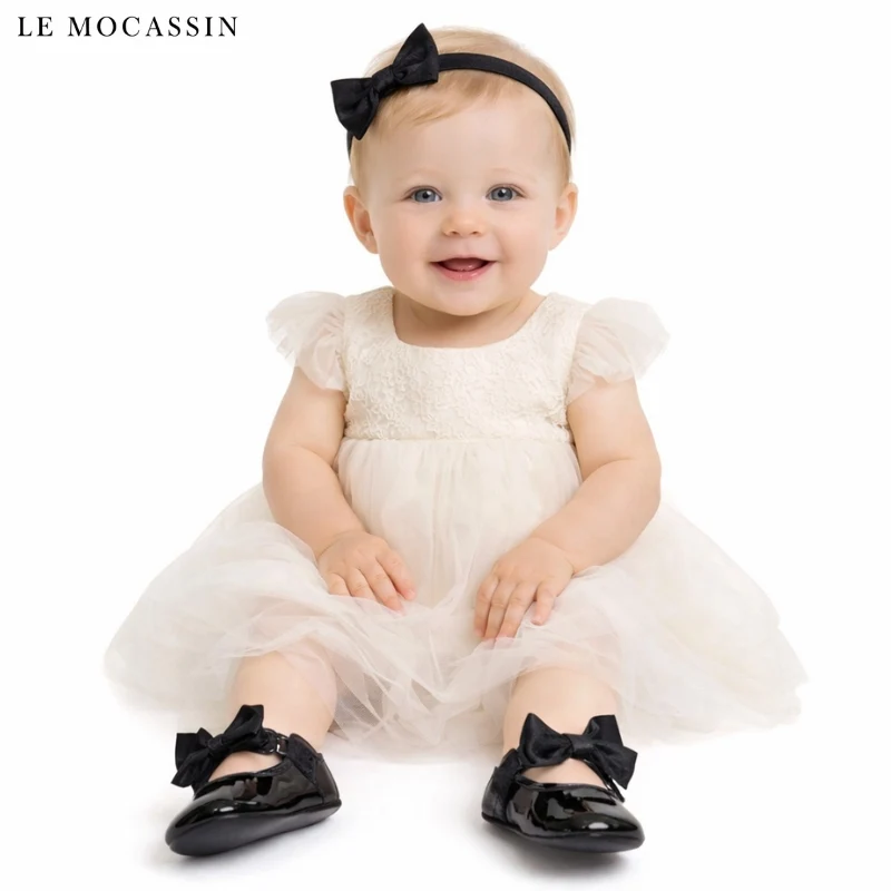 Mocassins En Cuir Avec Gros Nœud Pour Bébé Fille