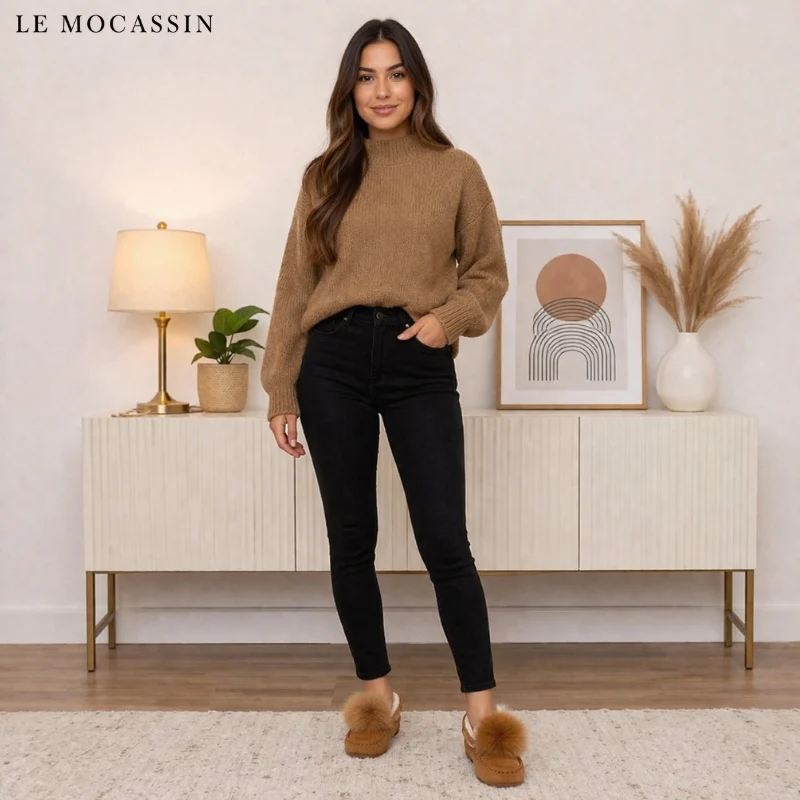 Mocassins Indiens En Daim Fourré À Pompon