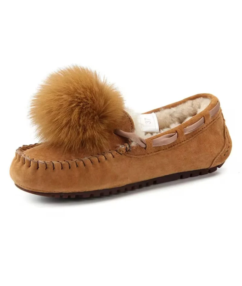 Mocassins Indiens En Daim Fourré À Pompon