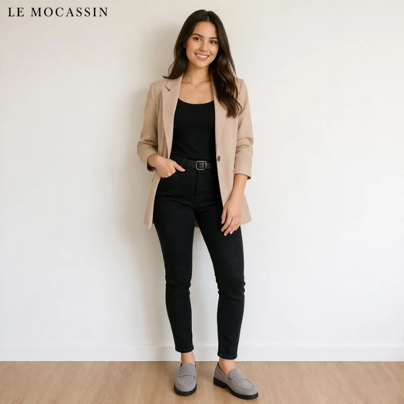 Mocassins Gris Pour Femme En Daim Véritable