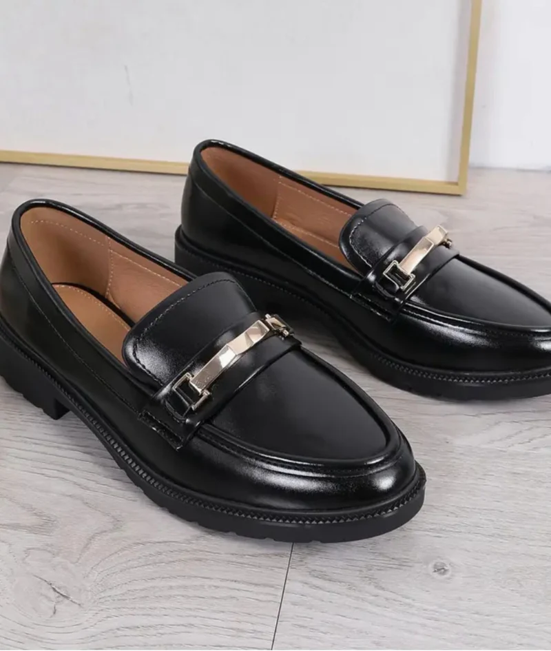 Mocassins Noirs Semelle Épaisse Femme En Cuir Synthétique