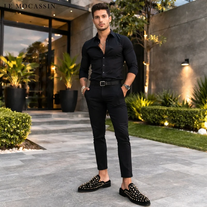 Mocassins Noirs En Strass Dorés Pour Hommes