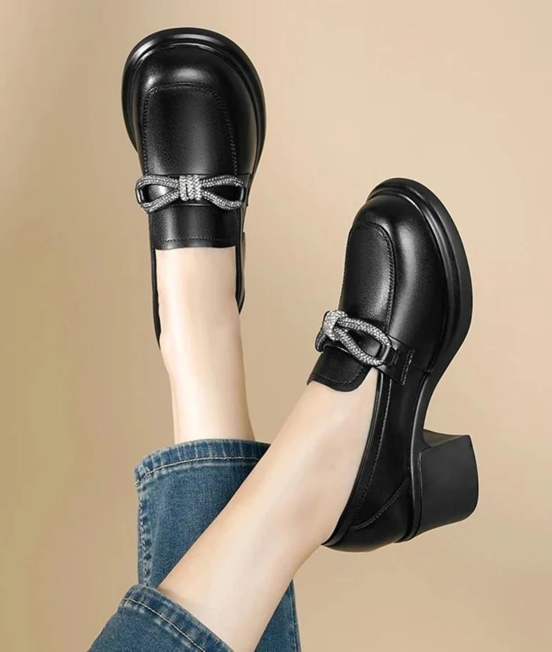 Mocassins Noirs Style Britannique Avec Nœud Papillon Pour Femmes