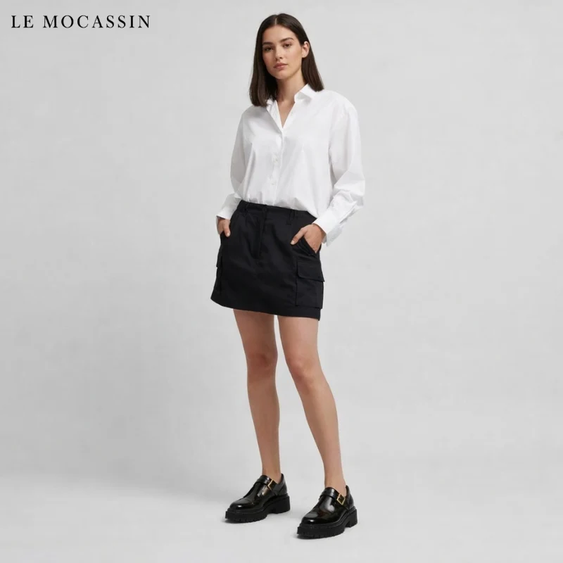 Mocassins Noirs À Talon Carré Et Semelle Épaisse Pour Femme