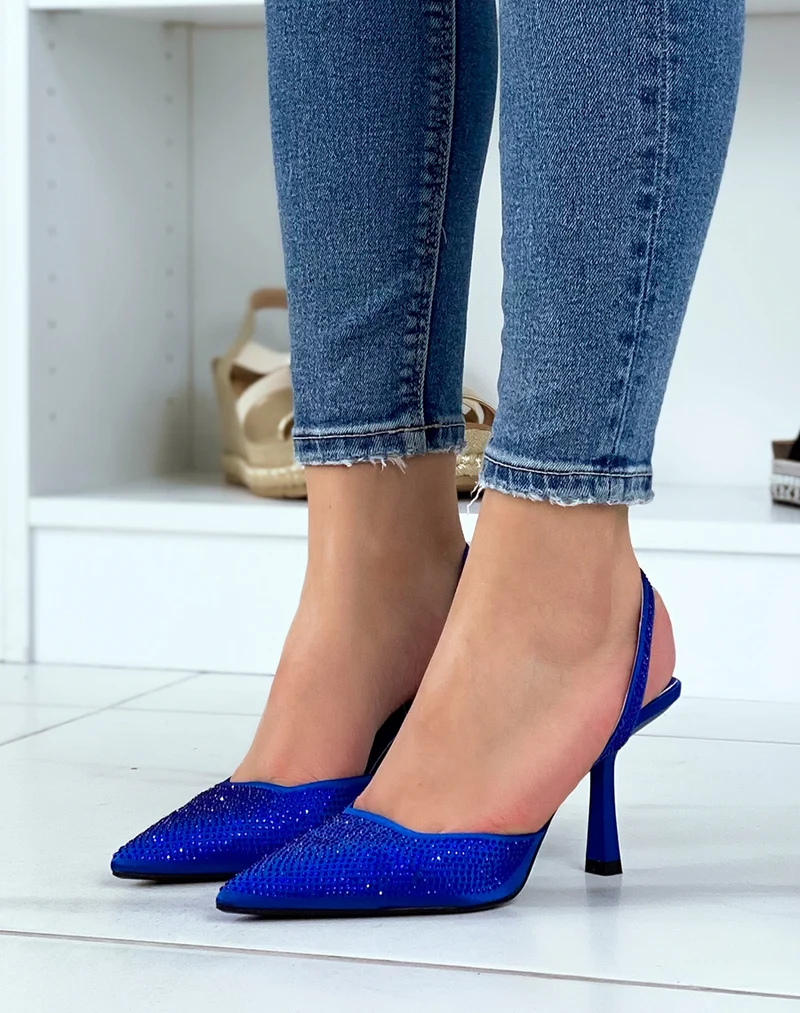 Escarpins ouverts bleus à strass