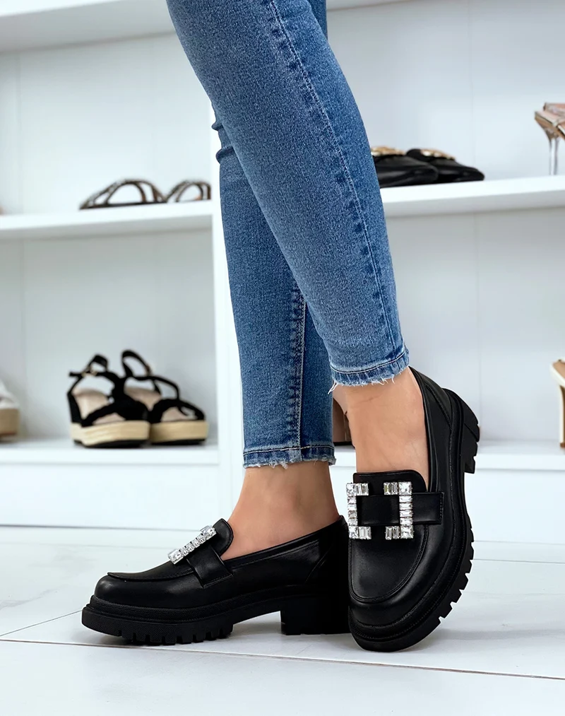 Mocassins noirs avec empiècement strass carré et semelle crantée