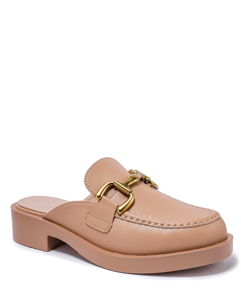 Mules mocassins beiges à empiècement doré