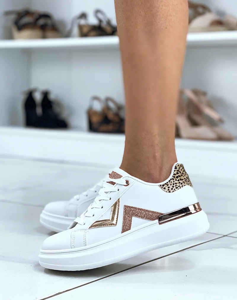 Baskets blanches à empiècement rose gold et léopard
