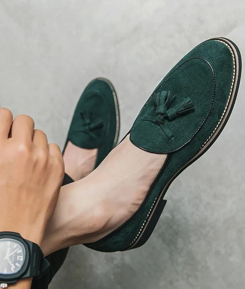 Mocassins En Daim Verts À Glands Pour Hommes