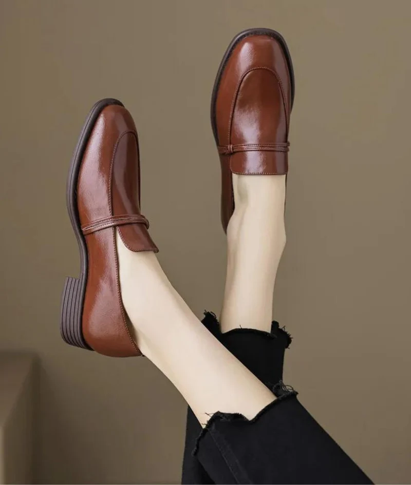 Mocassins En Cuir À Talons Épais Et Carré Pour Femmes