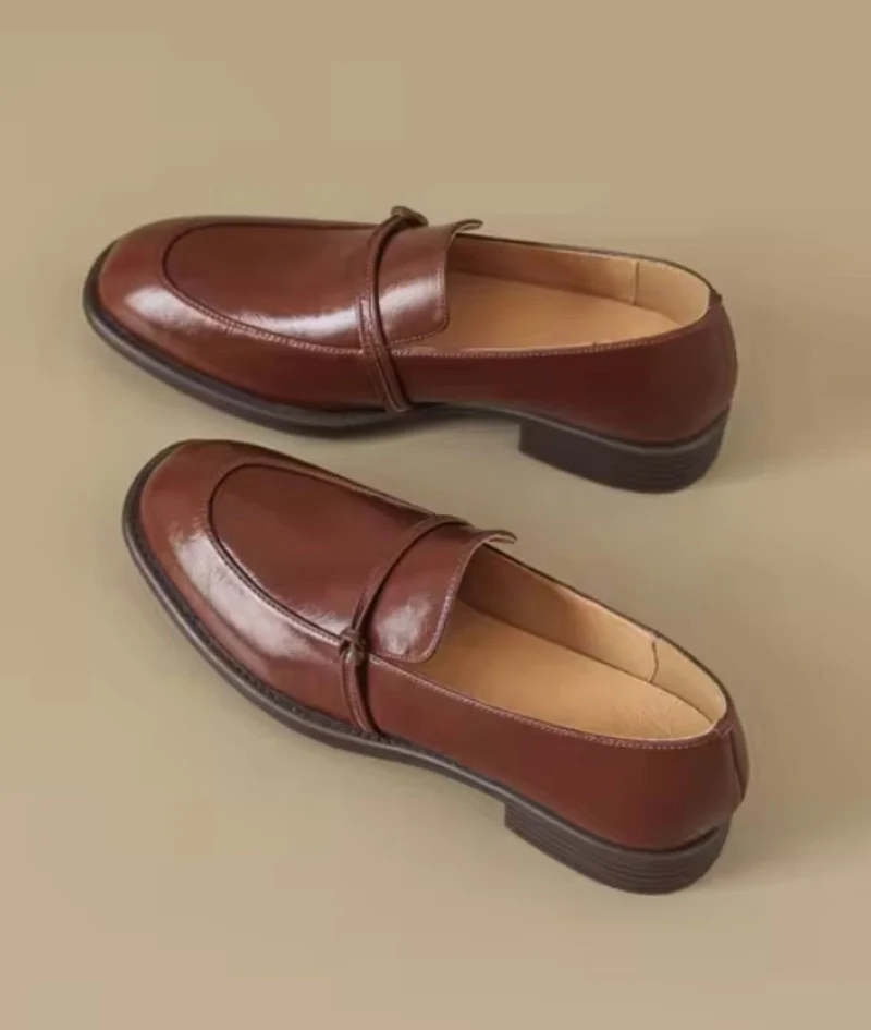 Mocassins En Cuir À Talons Épais Et Carré Pour Femmes