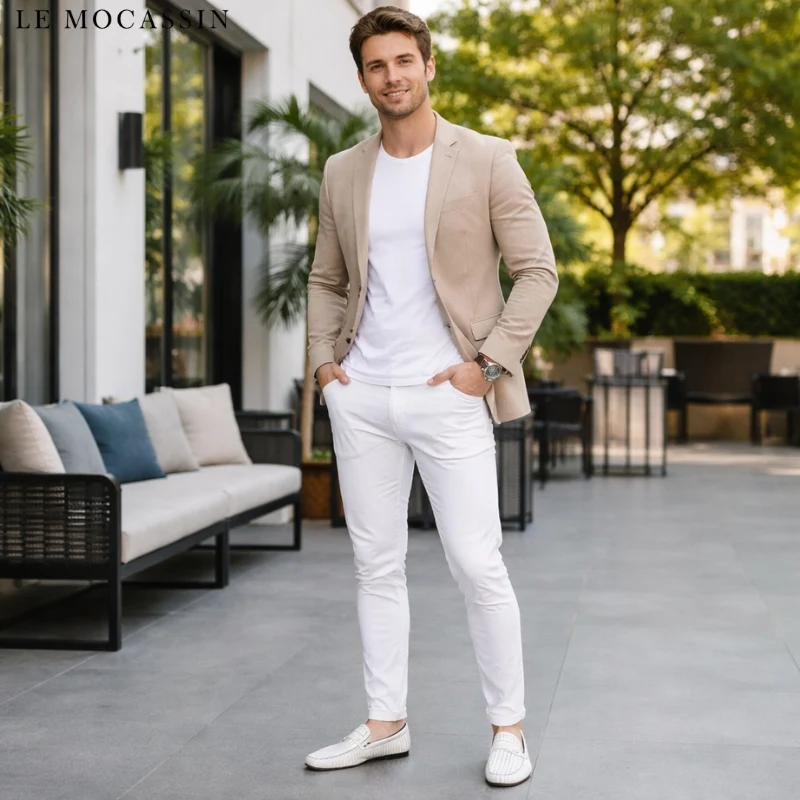 Mocassins Décontractés En Effet Cuir Blanc Pour Hommes