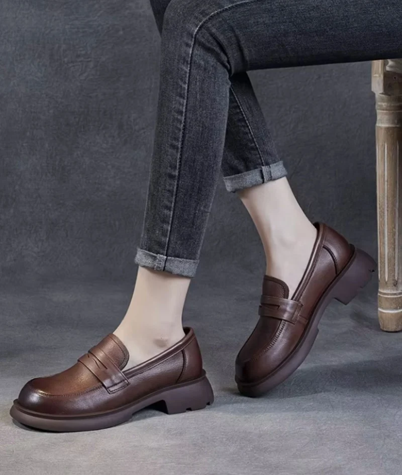 Mocassins En Cuir À Talon Et Semelle Épaisse Pour Femme