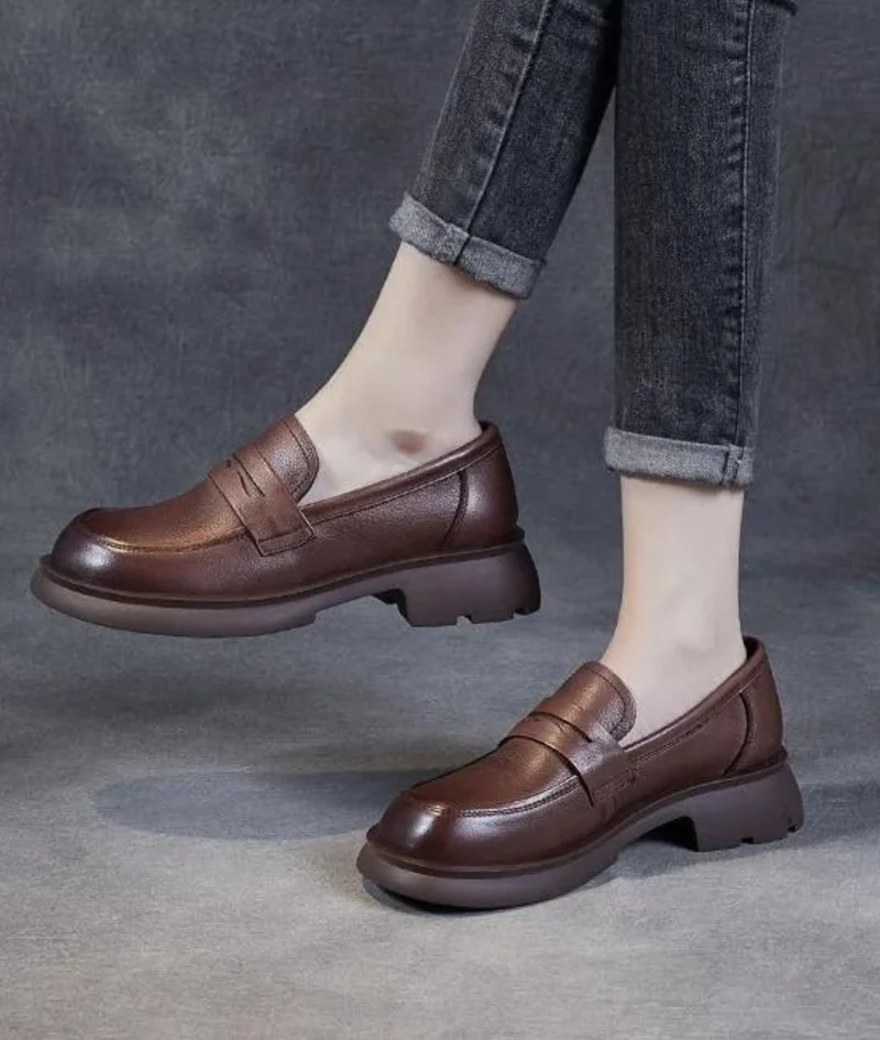 Mocassins En Cuir À Talon Et Semelle Épaisse Pour Femme