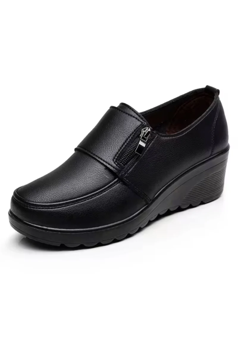 Mocassins Compensés Confortables Cuir Noir Pour Femmes