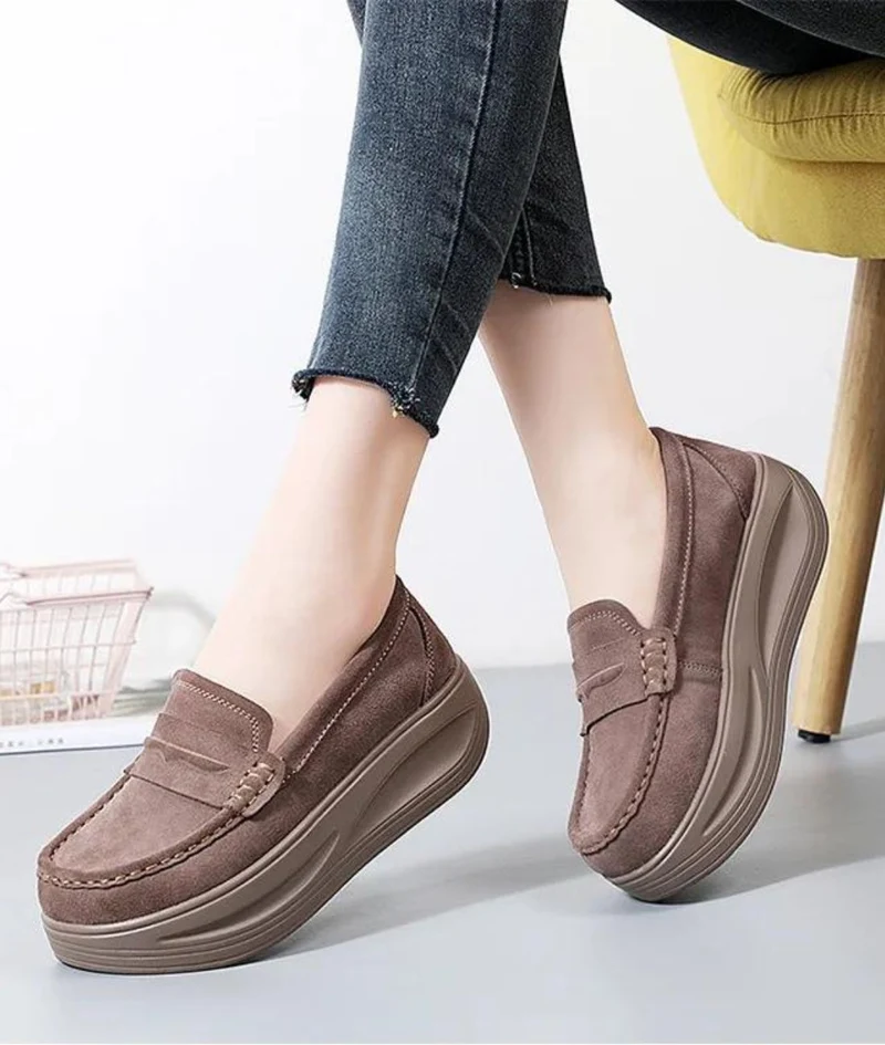 Mocassins Classique En Daim Véritable À Semelle Épaisse