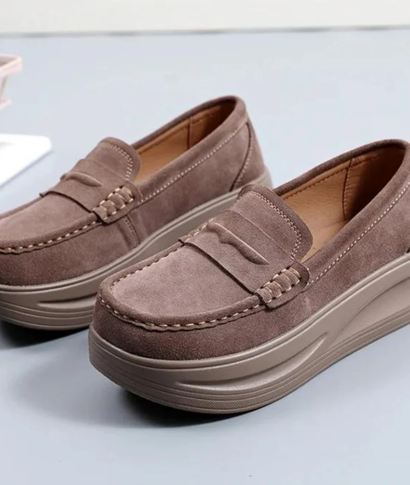 Mocassins Classique En Daim Véritable À Semelle Épaisse