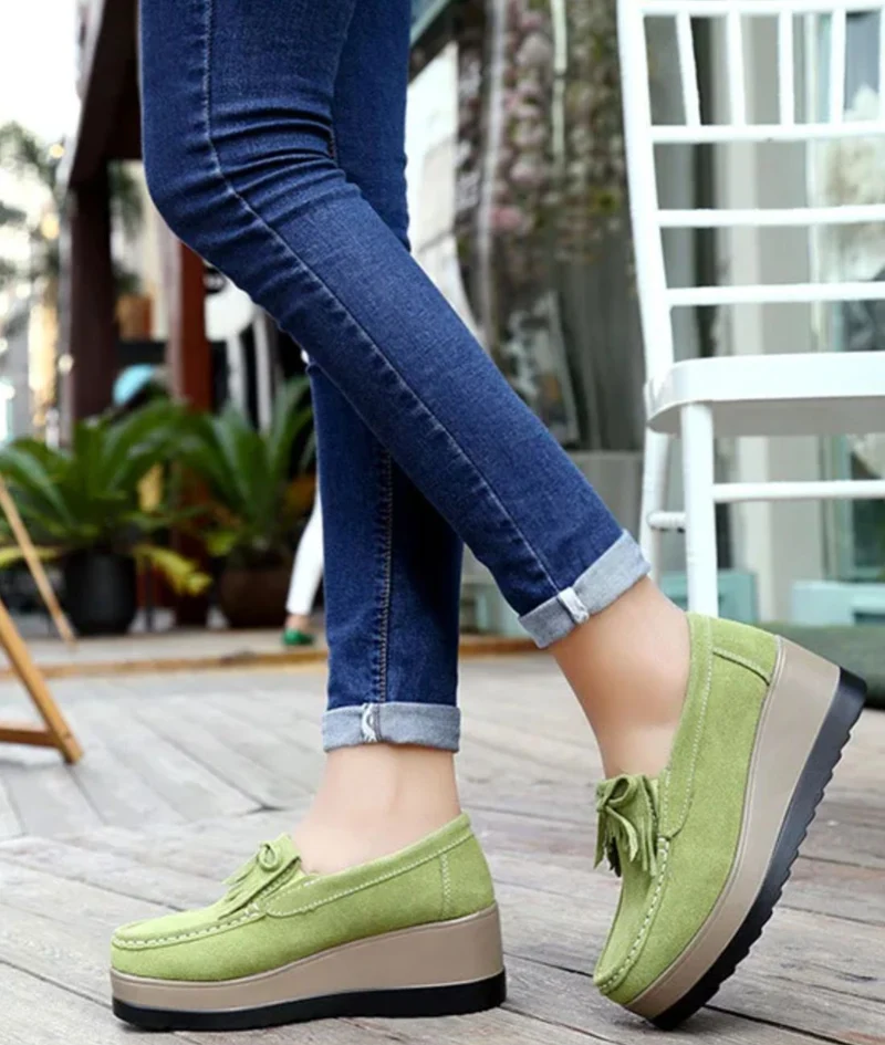 Mocassins Compensés À Franges En Daim