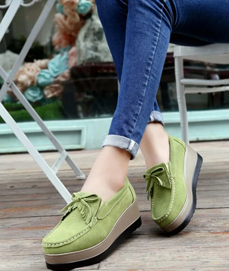 Mocassins Compensés À Franges En Daim