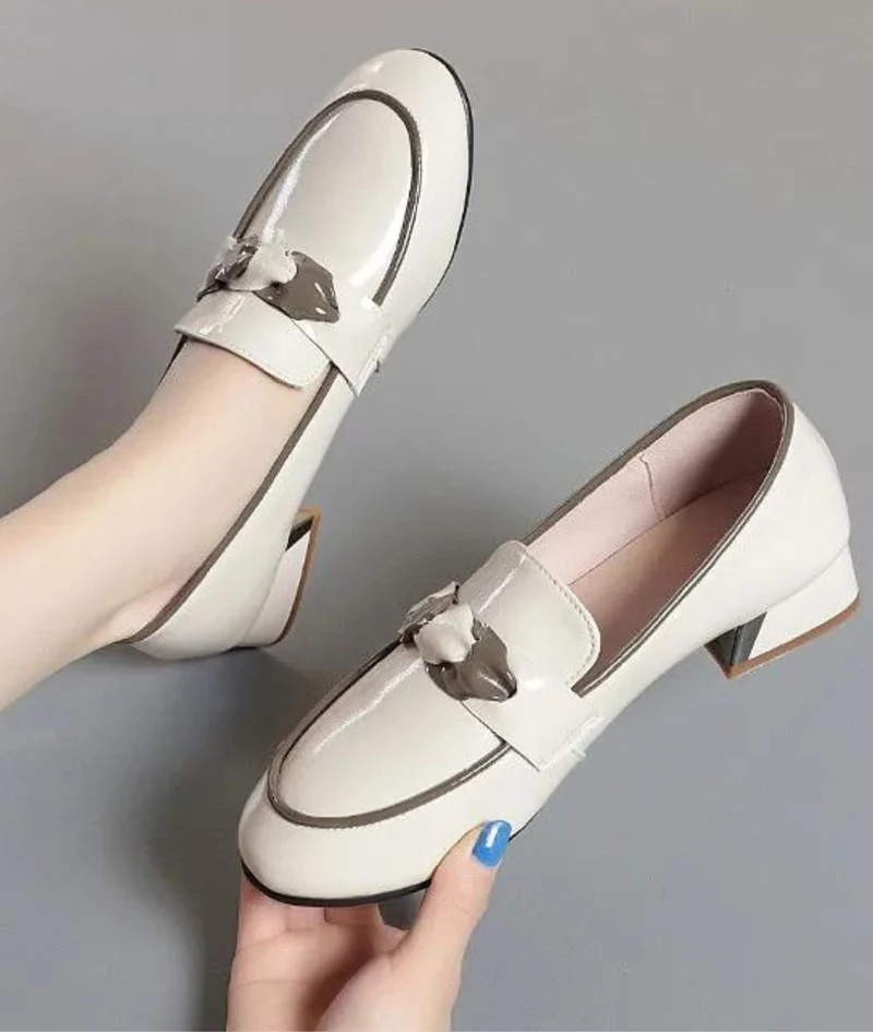 Mocassins Bicolores À Talon Carré En Cuir Véritable Pour Femme