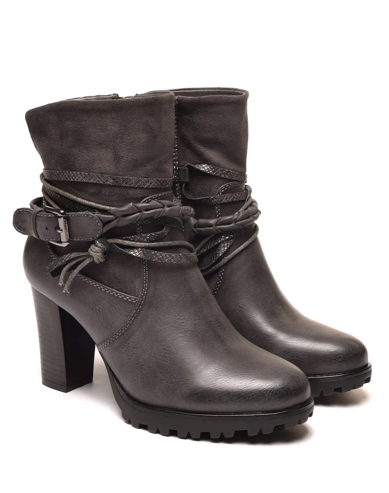 Bottines grises bi matières à talons et lanières multiples