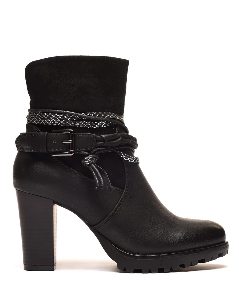 Bottines noires bi matières à talons et lanières multiples