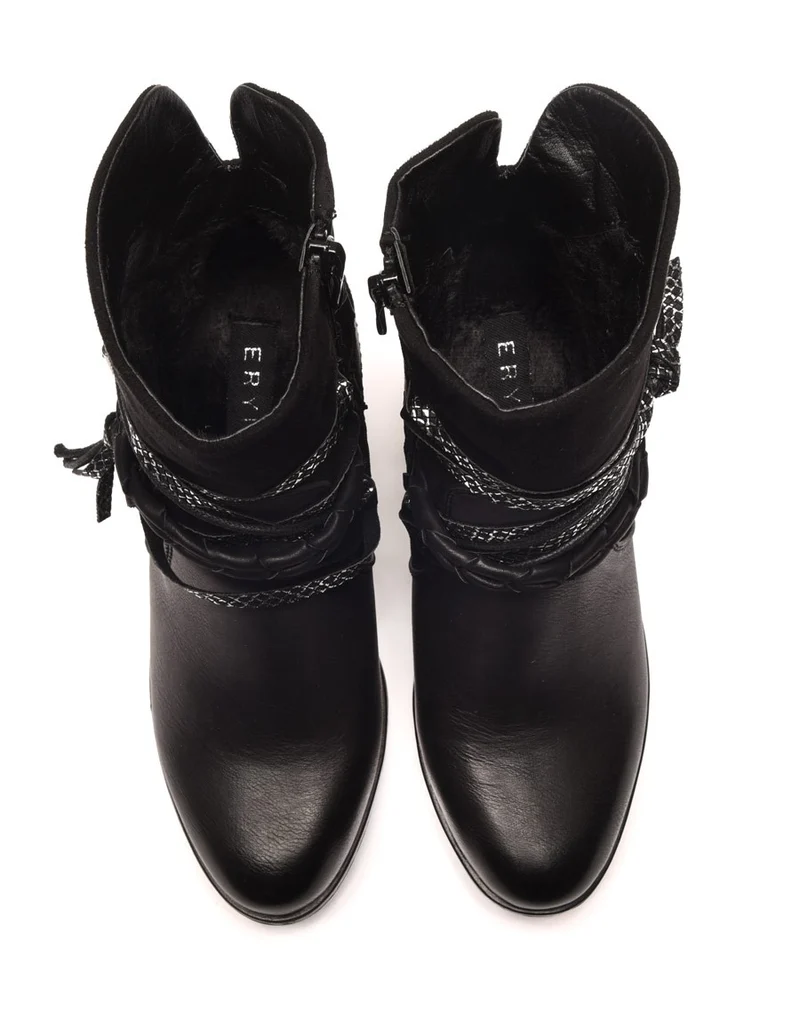 Bottines noires bi matières à talons et lanières multiples