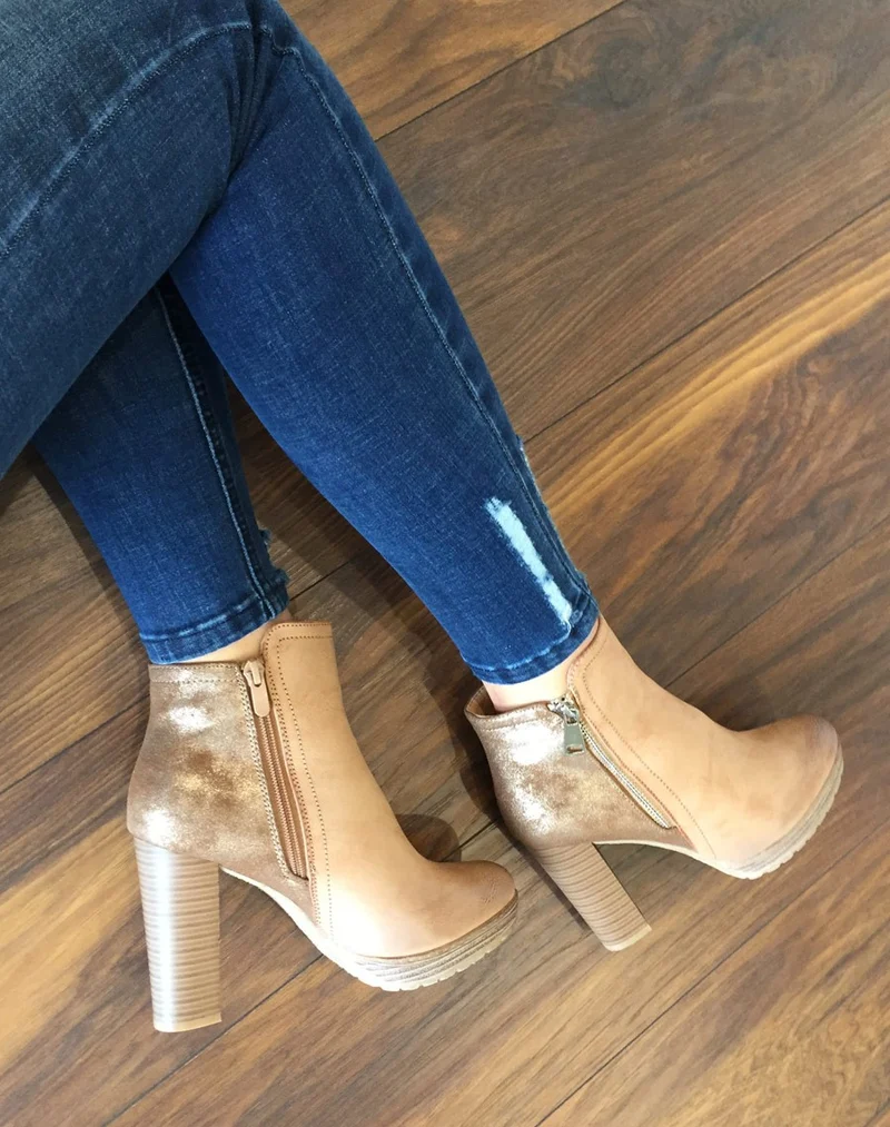 Bottines à talons bi matières camel